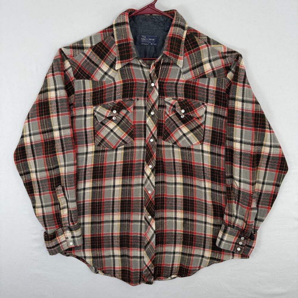 Vintage 70s 80s Western Pearl Snap Flannel Shirt Red Black Plaid Mens XL Tall